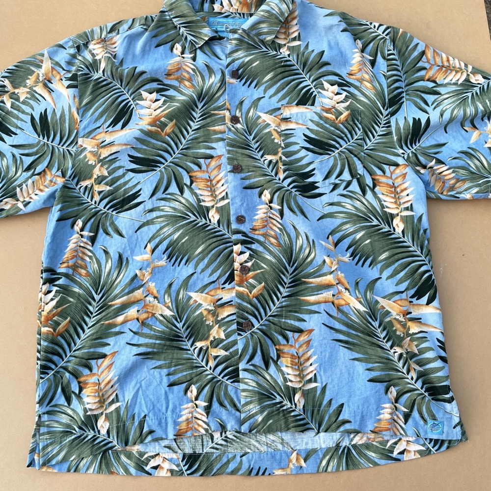 Bermuda Bay Button Down Shirt Mens XL Blue Tropical Silk Summer Palm Leaf Beach